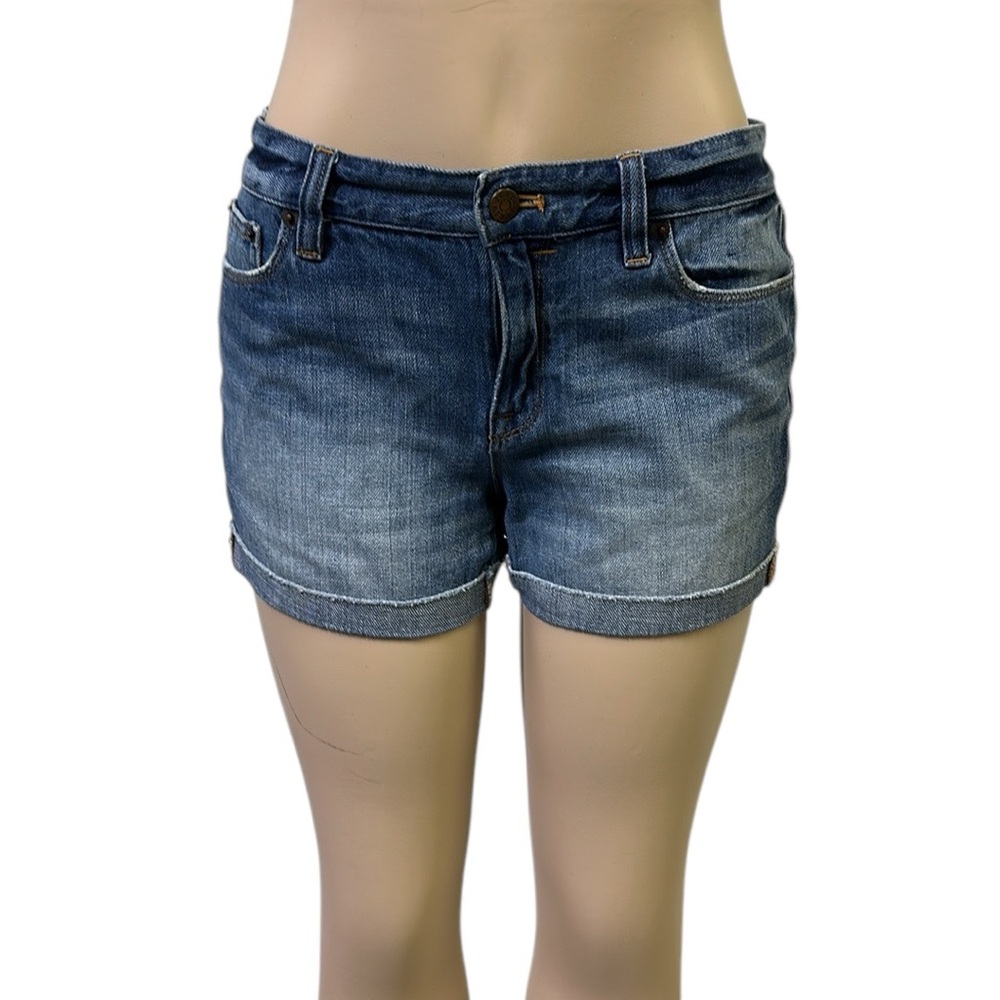 J Crew Mid Rise Denim 5 Pocket Cuffed Raw Hem Blue Jean Shorts Womens 27